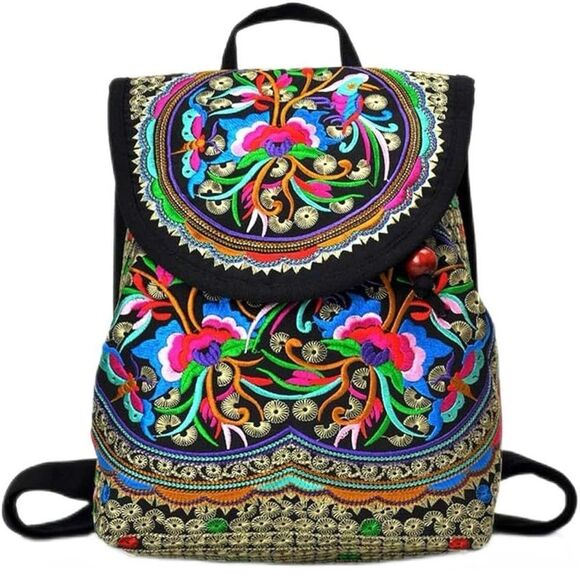 Canvas Multicolor Spanish Style Embroidered Backpack with Floral Embroidery - Picture 1 of 10